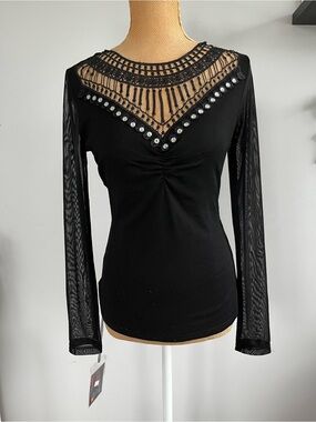 nwt red pepper black long sleeve mesh top lace rhinestone xl
